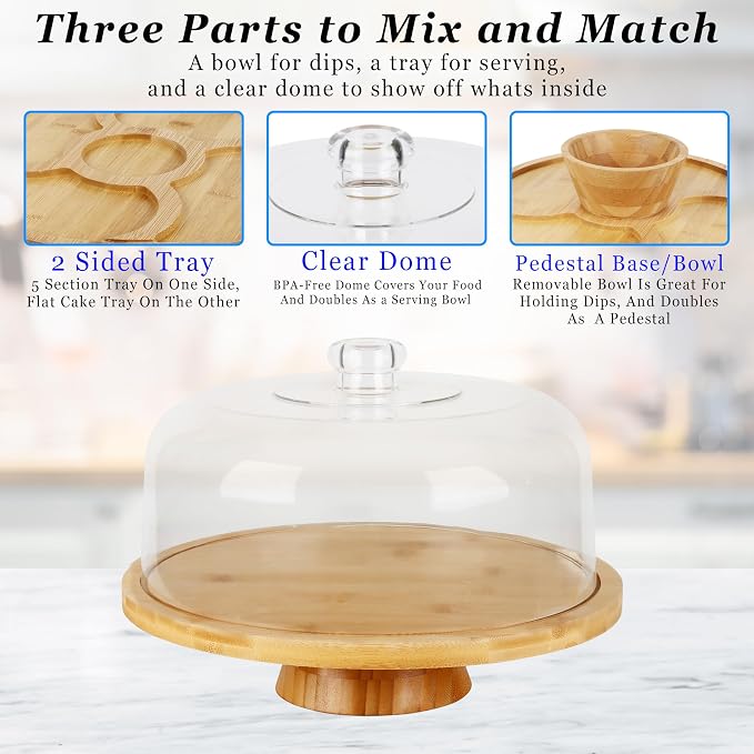 JOEY'Z 6 in 1 Large Bamboo Wood Cake Stand with Lid - Multiuse Wooden Cake Stand with Dome Acrylic Cake Cover/Cake Dome - Cake Holder With Lid - Bamboo Base Punch Bowl - Cake Stands