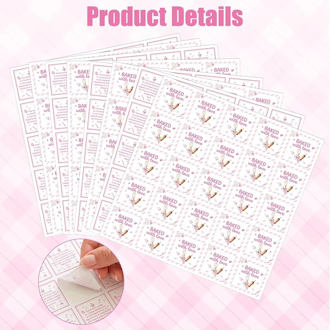PANTIDE Cottage Food Law Labels Stickers - 1000 Count Baked with Love Adhesive Square Decal, Made in A Home Kitchen Inspection Statement for Bakery Small Business Packaging (1.5 x 1.5 Inch, Pink)