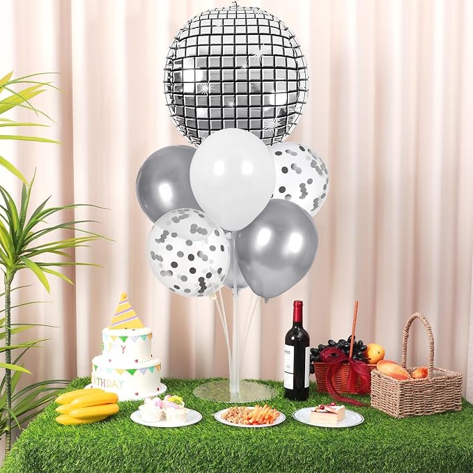 4 Sets Silver Disco Ball Party Balloons Stand Kit with 4 Ball Foil Balloons Disco Themed Balloon 70s 80s 90s Dance Party Balloon Centerpiece for Tables Birthday Prom Graduation Decorations 2026