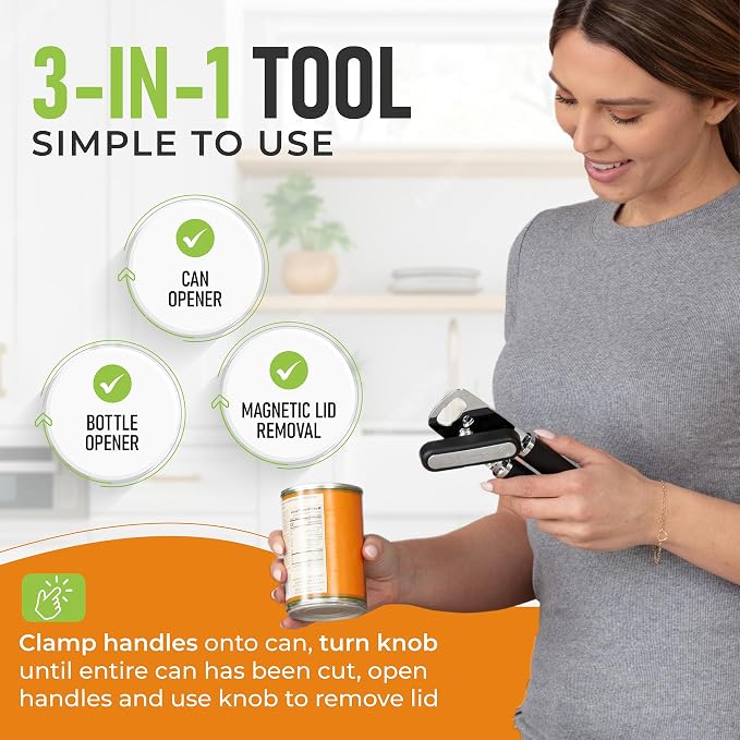 Spring Chef Stainless Steel Magnetic Measuring Cups & Spoons, Set of 15 with Leveler & Heavy Duty Can Opener with Magnetic Lid Remover - 2 Product Bundle - Black