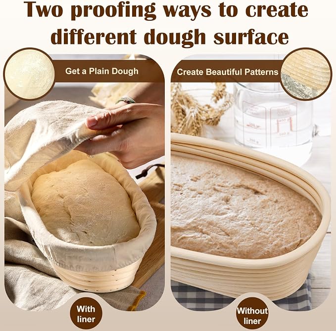 P&P CHEF Sourdough Bread Baking Supplies, 9” Round & 10” Oval Sourdough Proofing Baskets Starter Kit, Bread Making Tool Set with Cloth Liner Bread Lame Scraper Brush Dough Whisk