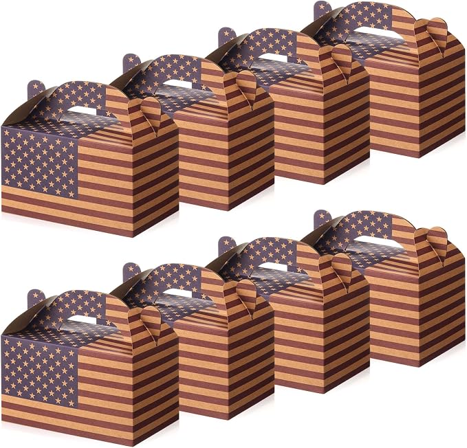 Colarr 48 Pcs 4th of July Treat Boxes Patriotic American Flag Prints Goodie Boxes with Handles 250th Anniversary Kraft Paper Cookie Box Candy Party Favor Box for Independence Day Celebration