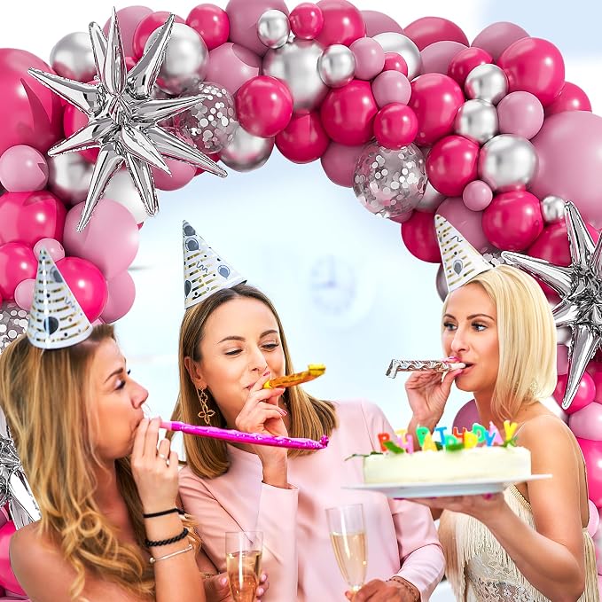 Hot Pink Silver Balloons Arch Garland Kit-Macaron Pink Balloon Silver Explosion Star Foil 127Pcs for Baby Princess Birthday,Baby Shower,Anniversary,Wedding,Graduation Party Decorations.