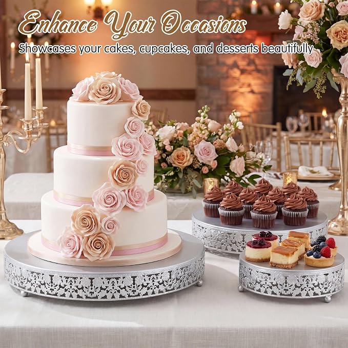Wenqik 5 Pcs Metal Silver Cake Stand 16/14/12/10/8 Inch Round Cake Holder Display for Dessert Table Cookies Fruit Serving Tray Cupcake Pastry Riser for Wedding Birthday Party and Events