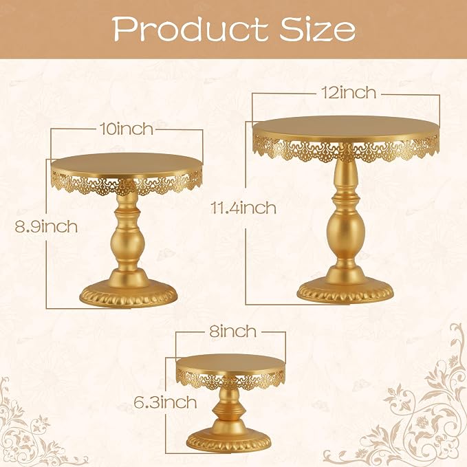 3 PCS Gold Cake Stands (8"&10"&12" Plate), Cupcake Stand With a lace hollow border Metal Cake Stand Set for Birthday Party, Wedding, Anniversary, Baby Shower