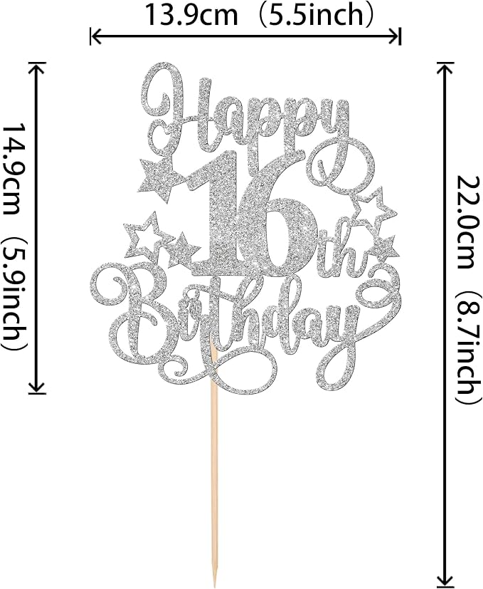 1 PCS Happy 16th Birthday Cake Topper Glitter Cheers to 16 Years Birthday Cake Pick Hello 16 Fabulous Cake Decoration for Happy 16th Birthday Anniversary Party Decorations Supplies Silver