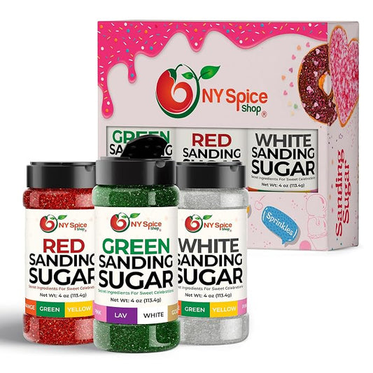 NY Spice Shop Sanding Sugar – Pack of 3 Red Green & White Baking Sugar Crystals - Holiday Dessert Decorations & Colorful Sugar - Themed Baking Supplies