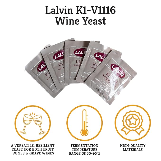 Craft A Brew - Lalvin K1-V1116 Wine Yeast - Neutral Dry Wine Yeast - For Traditional or Fruit Wines - Ingredients for Home Fermenting - Wine Making Supplies - 5 Pack