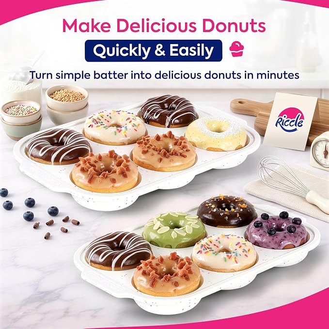 RICCLE Silicone Donut Pan – 2 Pack, 6 Cavity Donut Pan for Baking with Metal Reinforced Frame | Non-Stick Silicone Donut Molds for Baking, Doughnut Pan & Bagel Pan – BPA Free, Oven & Dishwasher Safe