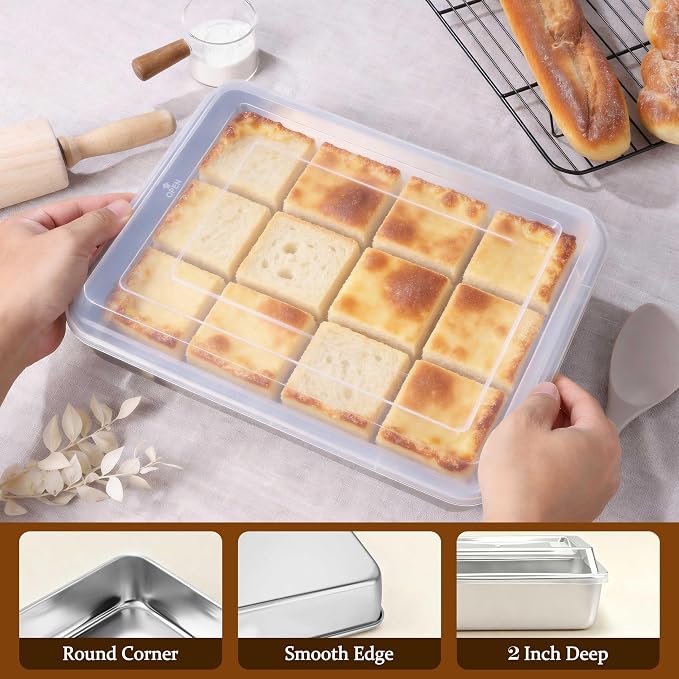 LIANYU Stainless Steel Baking Cake Pan with Lid Set, 12⅓ x 9¾ x 2 Inch Lasagna Brownie Pan, Oven & Dishwasher Safe Pan for Cookie Bread (1 Pan +1 Lid)