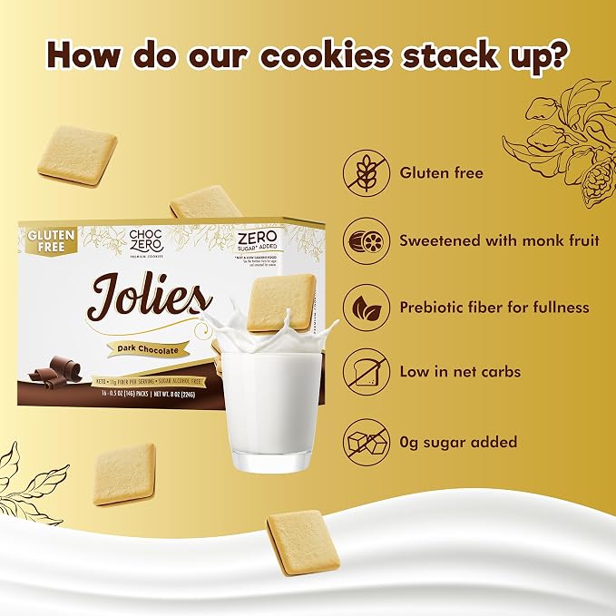 ChocZero Dark Chocolate Jolies Cookies, Sugar Free Chocolate Filled Cookies, Gluten Free, Keto, Low Carb, High Fiber, 8 oz Box