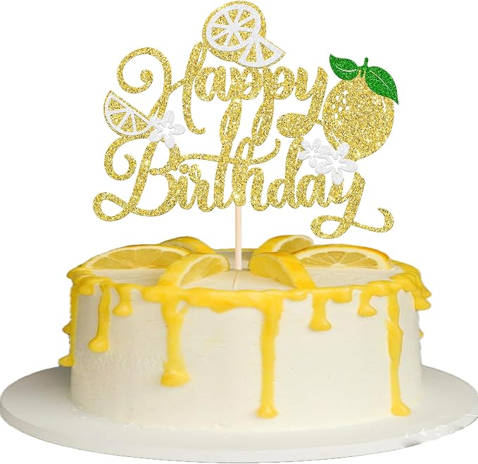 Rsstarxi 1 Pack Happy Birthday Cake Topper Glitter Yellow Lemon Cake Pick for Baby Shower Birthday Anniversary Party Cake Decorations Supplies