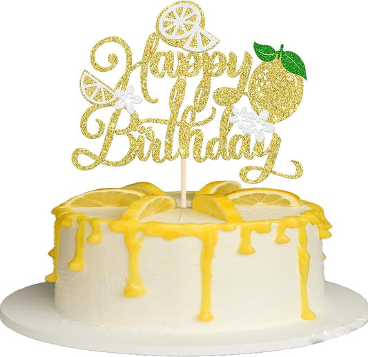 Rsstarxi 1 Pack Happy Birthday Cake Topper Glitter Yellow Lemon Cake Pick for Baby Shower Birthday Anniversary Party Cake Decorations Supplies
