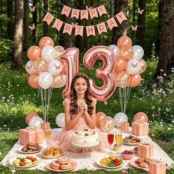 13th Birthday Decorations For Girls -Rose Gold Pearl White Balloons, 32 Inch Rose Gold "13" Balloon, 3D Butterflies Stickers, Happy Birthday Banner For Teen Girl 13th BD Decorations