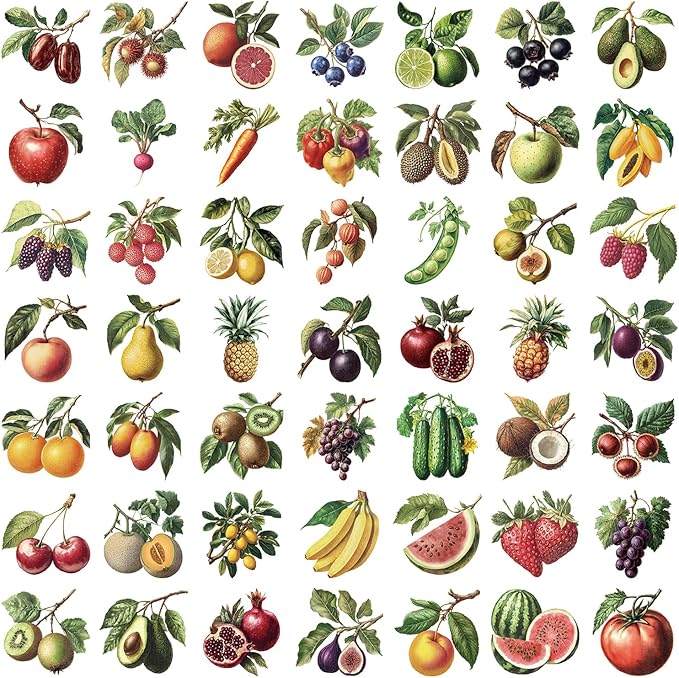 50Pcs Vintage Fruit and Vegetable Stickers, Waterproof Decals for Journal, Scrapbooking, Laptop, Kindle, Photo Album, PET Transparent Aesthetic Stickers