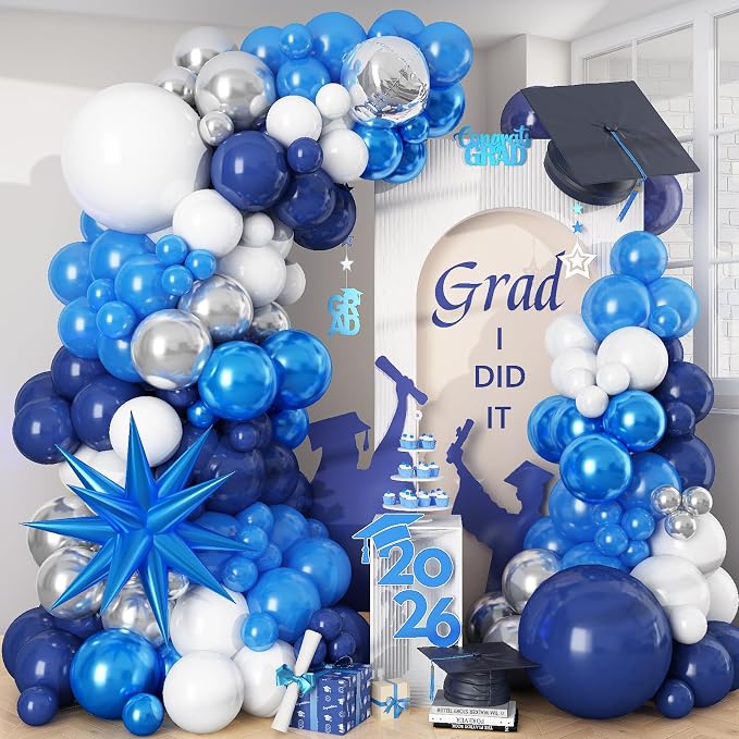 Graduation Balloon Arch Kit 2026 Blue and White Balloon Garland Royal Blue White Silver Balloons with Star Foil for Congrats Grad Class Retirement Prom Birthday Baby Shower Wedding Party Decorations