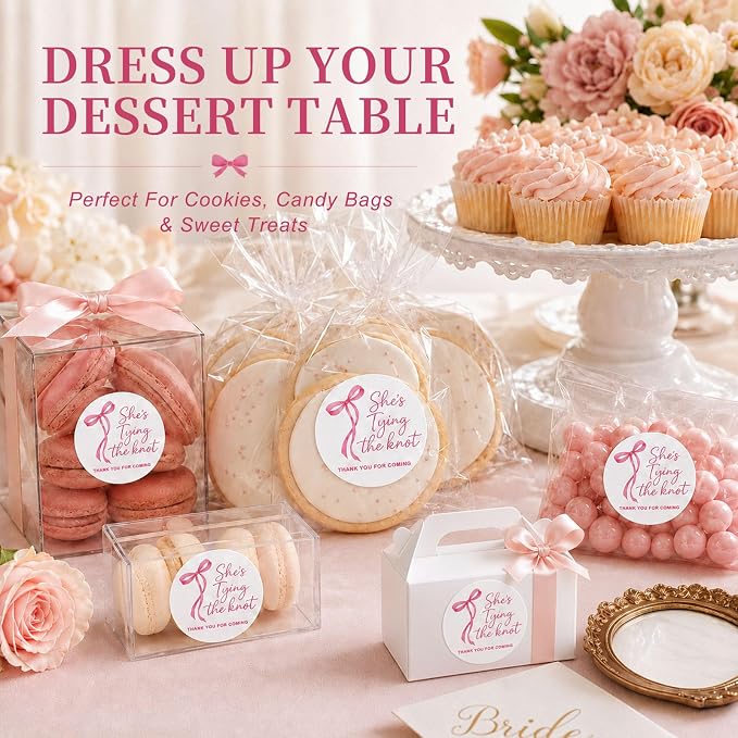 120 Bridal Shower Stickers, She's Tying the Knot Thank You Favor Stickers, Pink Bow Bride Sticker Labels for Bride to Be, Bridal Shower Favors, Gift Bags, Favor Boxes, Engagement Party, 1.6 Inch