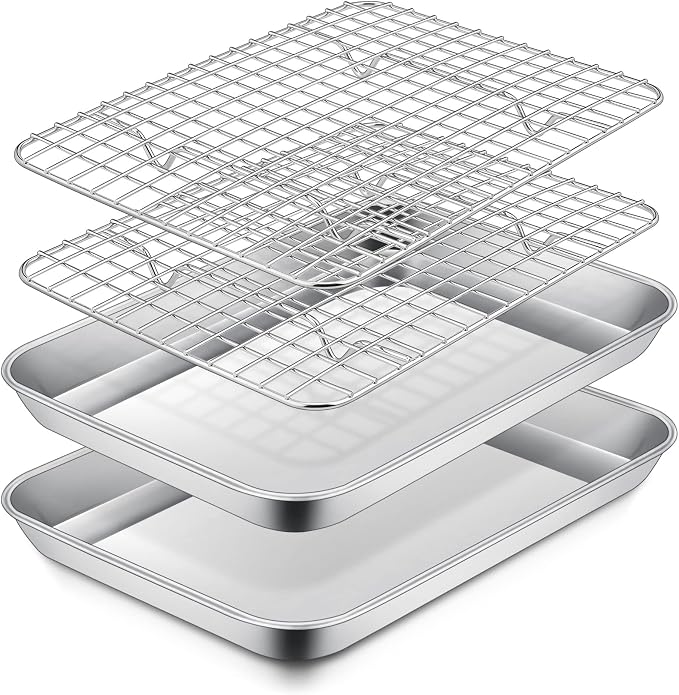 P&P CHEF 10.4 Inch Toaster Oven Pan with Rack Set, Stainless Steel Baking Pan Tray and Grid Cooling Rack for Cooking/Roasting, Dishwasher Safe & Easy to Clean, Non-toxic & Sturdy, (4Pcs)