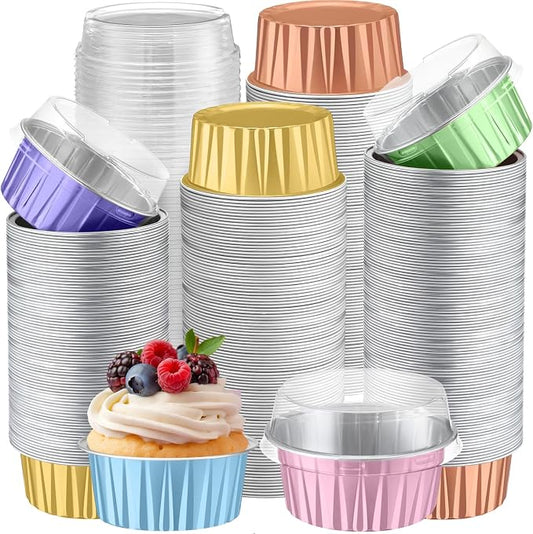 Gejoy 400 Pcs Aluminum Foil Baking Cups with Lids 5 oz Disposable Ramekins Mini Cake Pans Creme Brulee Cupcake Liners Muffin Tins Flan Mold Dessert Container for Wedding (Light Color,Classic)