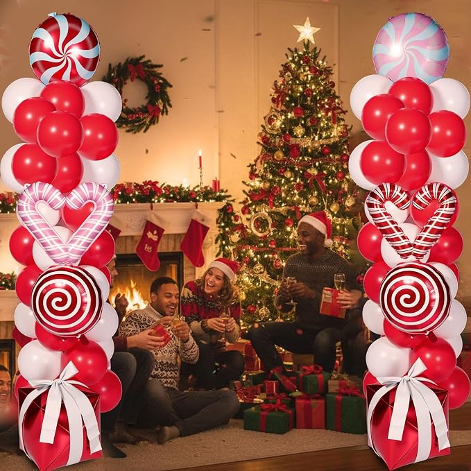 Skylety 2 Sets Balloon Column Stand Kit Balloon Tower Stand with Bases for Birthday Wedding Anniversary Graduation Party Baby Shower Decorations Supplies(Christmas,Red White Pink)