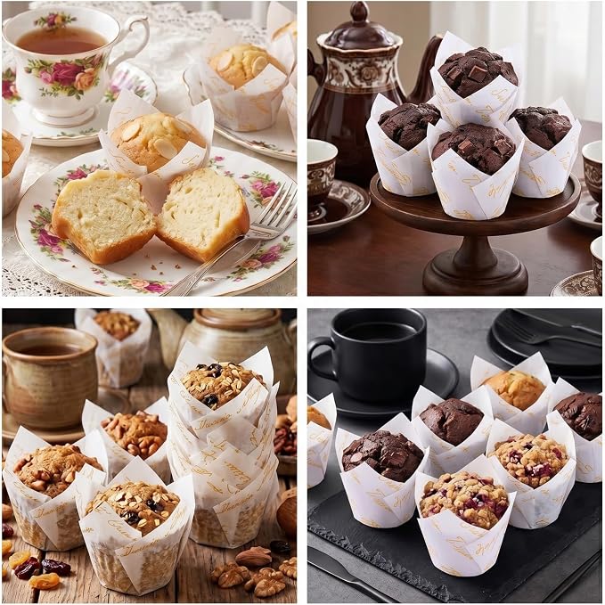 200 Pcs White Tulip Cupcake Liners for Baking, White Letters | Standard Greaseproof Tulip Muffin Liners for Baking, 3oz White Paper Cupcake Wrappers for Party Wedding Birthday