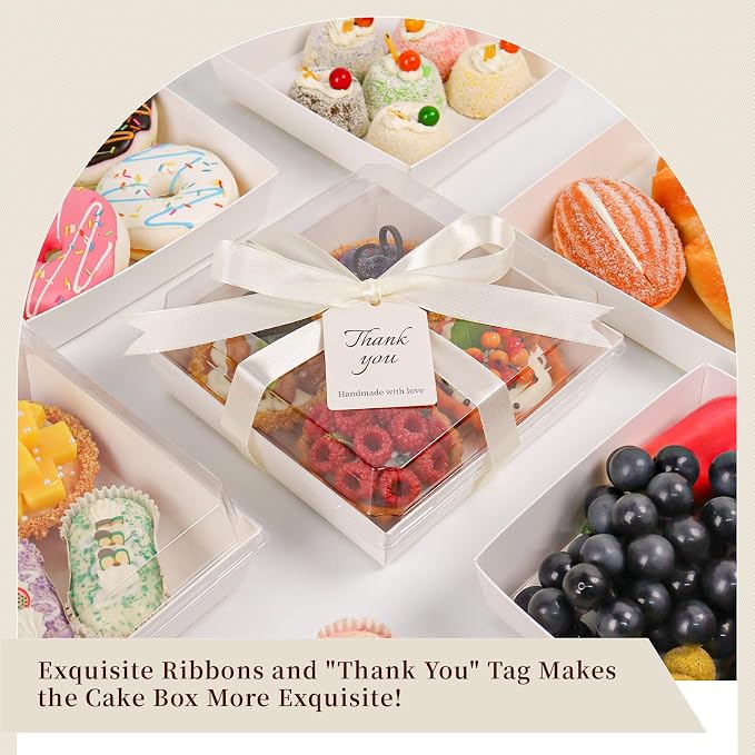 7 x 7 x 2.6 Inches Large Charcuterie Boxes with Clear Lids, 50 Pack Disposable Square Kraft Bakery Boxes, To Go Paper Food Container for Cake Slices, Sandwiches, Cookies, Dessert (White)