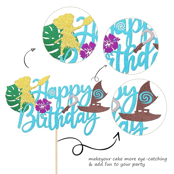1 PCS Moana Happy Birthday Cake Topper Glitter Palm Leaf Flower Moana Cake Pick for Tropical Hawaiian Luau Theme Baby Shower Kids Birthday Party Cake Decorations Supplies Blue