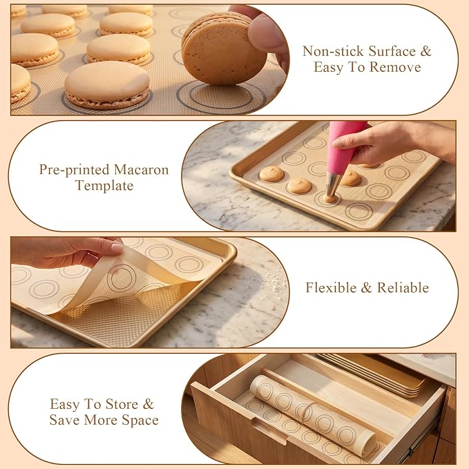 Supkiir 33 Pcs Macaron Silicone Baking Mats Kit, 2 Sheet Nonstick Macaroon Mat Silicone, 2 Piping Pastry Bag, 14 Piping Tip, 2 Coupler, 5 Scraper Set, 1 Egg Beater, 6 Embossing-Molds Macaron