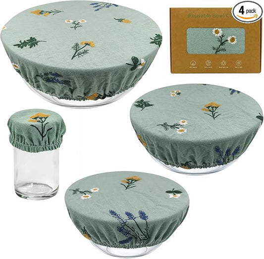 Reusable Bowl Covers (Set of 4) - Breathable Cotton Linen Sourdough Accessories - Elastic Durable Fabric Food Lids for Proofing Baskets & Bread Baking Supplies (Sage Green)