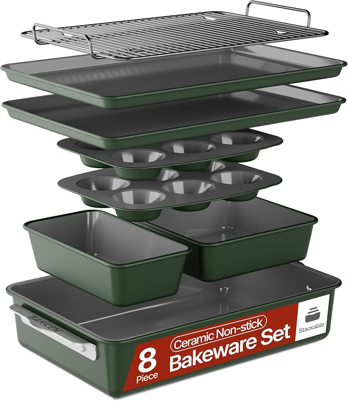 Bakken 8-Piece Ceramic Coated Bakeware Sets, Nonstick Aluminized Steel Pans with Muffin, Loaf, Cake, Roasting Pan, & Cooling Rack, Oven Safe Up To 500°F, Dishwasher Safe, BPA, PTFE & PFAS Free, Green