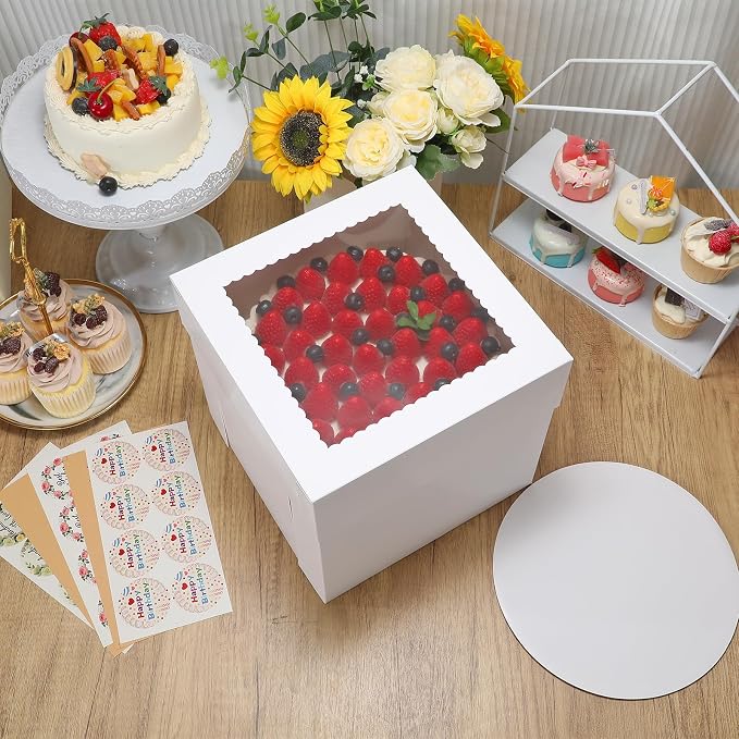 COTOPHER 16 Pcs Cake Boxes, 10x10x10 Inches Tall Cake Box with Window (8 Boxes & 8 Boards), Square Cake Containers for Multi-Layer Cakes Pastry, Birthday Party, Mother's Day, Weddings