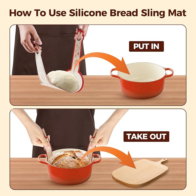 2PCS Silicone Bread Sling for Dutch Oven, 6 Inch Non-Stick Round Sourdough Baking Slings, Reusable Baking Cooking Transfer Mats with Long Cat-Shape Handle, Easy To Transfer Bread More Easily