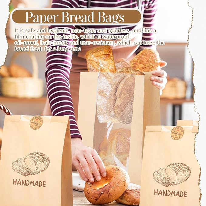 Feifeiya 100 Pack Kraft Paper Bread Bags for Homemade Sourdough Bread with Window & Stickers, 13.7x8.3" Large Bakery Bags for Loaves Greaseproof Food Packaging for Baking Gifts, Brown(Novel Style)