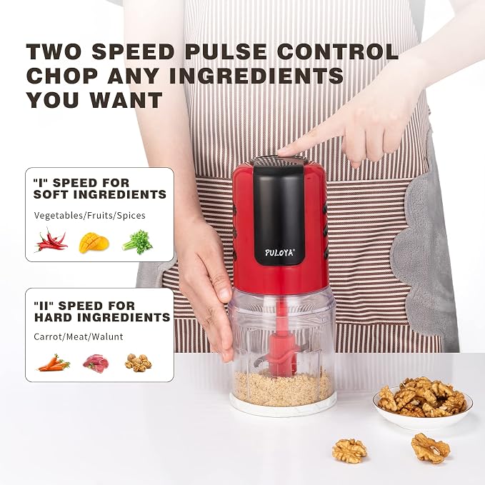 Mini Prep Food Processor 2 Cup Small Electric Food Chopper 2 Speed for Vegetables, Meat, Fruits and Nuts with 4 Stainless Steel Blades, 400-Watt, Red