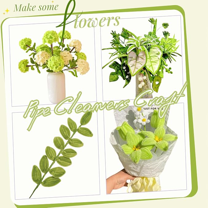 620Pcs Green Pipe Cleaner Flower Kit, 6 Colors Bulk Chenille Stems with Wires, Ribbon, Stamens and Card, All-in-One DIY Flower Craft Supplies for Creative Gifts Home Decoration, Party & School Crafts