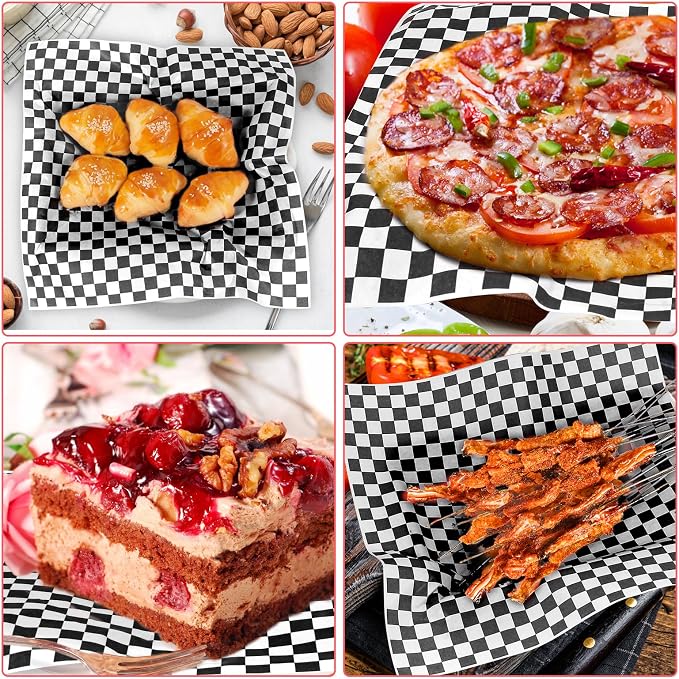 100pcs Deli Paper Sheets 12x12", Premium Food Basket Liners, Grease Resistant Wax Paper Sheets for Food, Classic Checkered Sandwich Wrapping Paper (Black & White Checkered)
