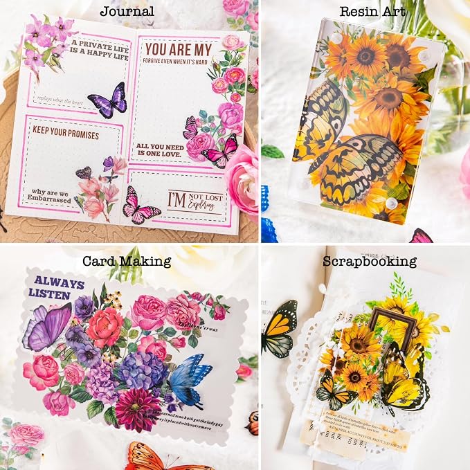 Knaid 300 Pieces Assorted Butterfly and Flower Stickers, Transparent Butterflies Floral Resin Decals Aesthetic Journaling Scrapbook Stickers for Card Making Bullet Junk Journal Planner Craft Supplies