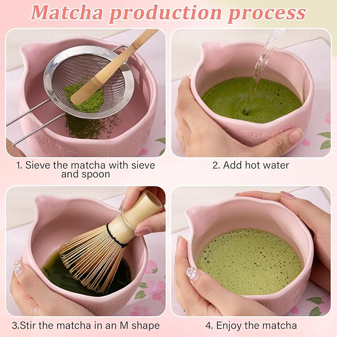 ALBISS Matcha Whisk Gift Set - 7Pcs Ceramic Matcha Kit with 18oz Bowl & Cherry Blossom Design, Bamboo Whisk & Holder, Scoop, Rest, Sifter, Towel, Elegant Japanese Tea Set for Women Macha Lovers, Pink