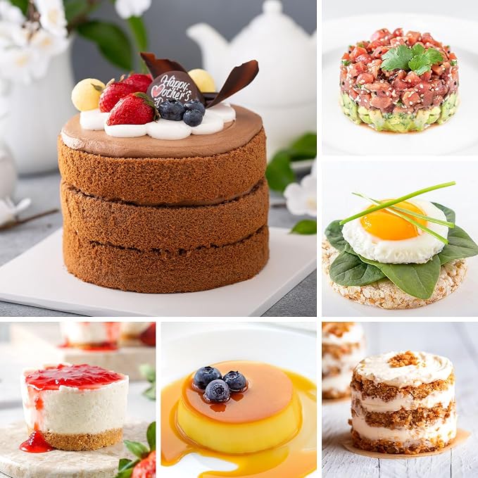 HULISEN Round Cake Ring Mold, Stainless Steel 4" Cooking Crumpet Rings with 1 Pusher & 4 Food Form, Tuna Tartare Mold for Pancake, Salad, Mousse