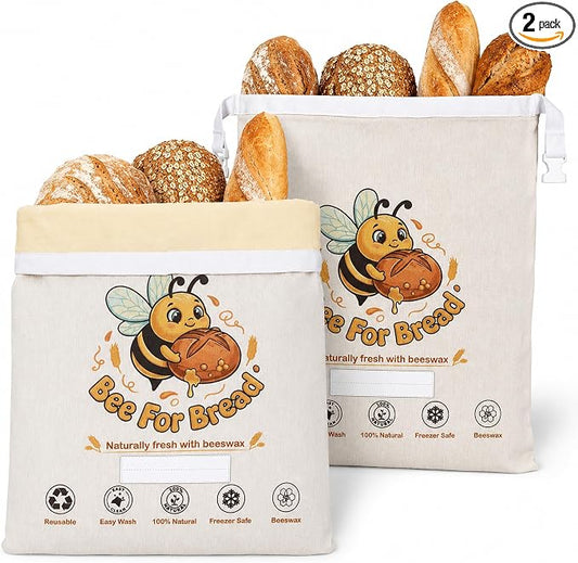 Beeswax Bread Bags for Homemade Bread Sourdough, 2 Pack XL Organic Cotton Linen Beeswax Bread Bag, Reusable Food Storage with Dry Erase Strip, Keeps Fresh, Freezer Safe, Easy Wash, Eco-Friendly