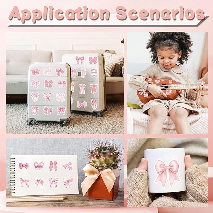 100 Pcs Coquette Bows Stickers Cute Aesthetic Pink Bow Sticker for Adults Women Pink Bows Vinyl Waterproof Stickes for Water Bottles Laptops Phone Luggage Guitar