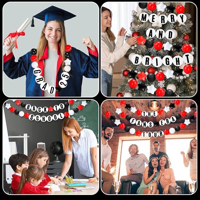 Simgoing 103 Pcs DIY Giant Friendship Bracelet Lei Kit Extra Large Beads Garland Jumbo Birthday Friendship Banner Kit Famous Singer Customizable Party Decor for Classroom(Red White Black)
