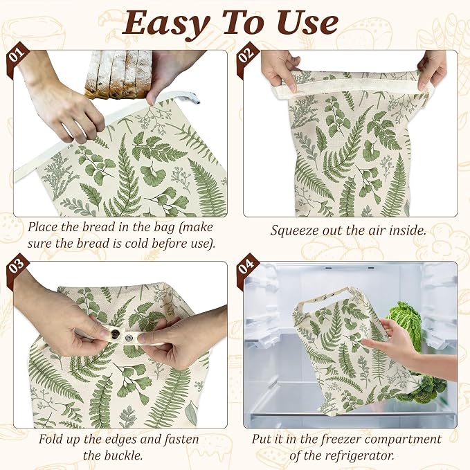 Beeswax Bread Bags, 2 Pack for Homemade Bread and Sourdough Storage | Herbs Eucalyptus Leaves Botanical, Reusable Polyester Bread Storage With Beeswax Coating And Snap Closures