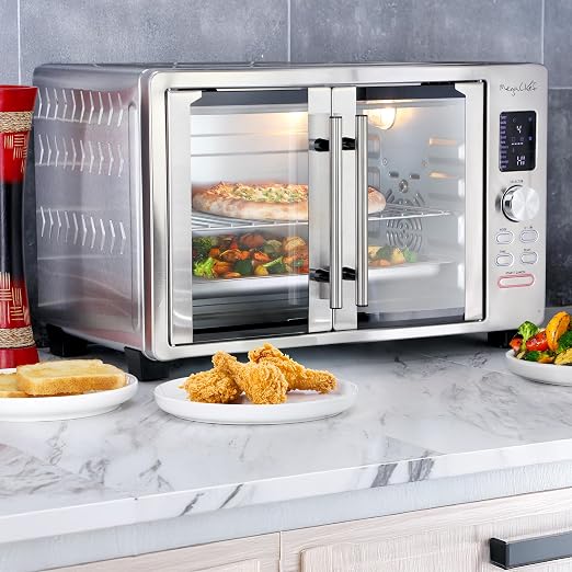 MegaChef 30 Quart Digital French Door Multi-Function Convection Toaster Oven with Rotisserie Set & Toast, Bagel, Pizza, Bake, Roast, Broil, Cookies, Dehydrate & More Presets