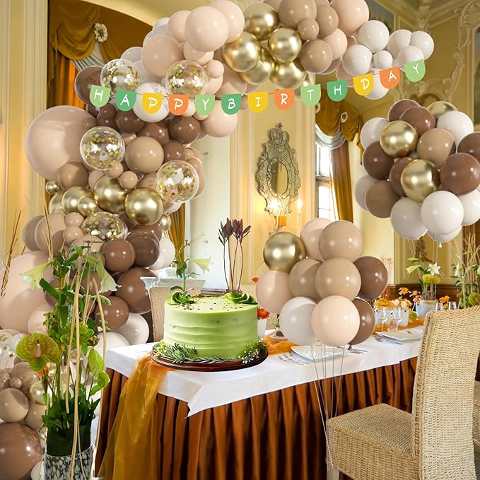 136pcs Brown Balloon Arch Kit, 18 12 10 5 inch Dark Brown Nude Gold Confetti Balloons Garland for Neutral Bear Baby Shower Safari Birthday Party Decorations Supplies