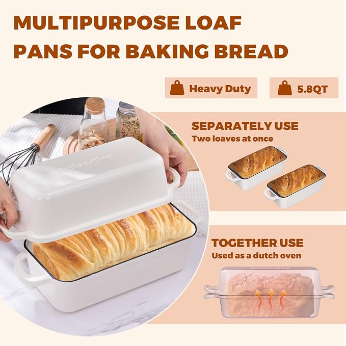 11x5 Inch Cast Iron Bread Loaf Pan With Lid, 5.8 Qt Large Loaf Pan for Sourdough Bread Baking, Heavy Duty Dutch Oven Bread Pan For a Crispy Crust, White