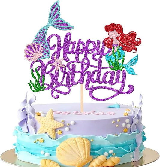 1 PCS Mermaid Happy Birthday Cake Topper - Glitter Ocean Starfish Seawood Seashells Tail Cake Decoration for Under the Sea Theme Baby Shower Birthday Party Supplies Purple