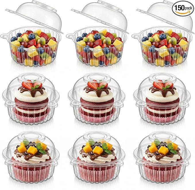 150pcs Individual Cupcake Containers Plastic Cupcake Holder with Lid Cupcakes Carrier Single Cupcakes Container Stackable CupcakeBoxes Deep Muffin Container for Wedding Party Dessert Cheesecake