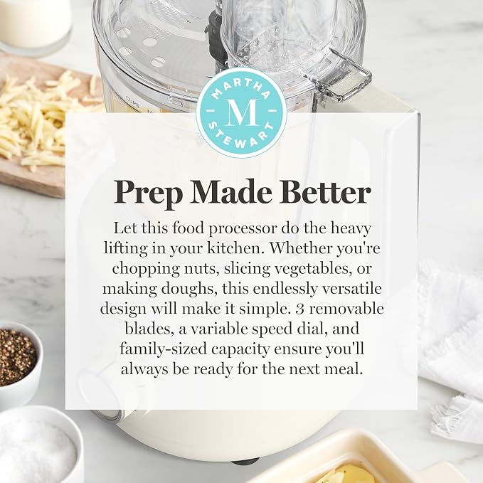 Martha Stewart Food Processor, 10-Cup Electric Chopper for Slicing, Shredding, Mincing and Puree, BPA-Free Twist & Lock Bowl, 3 Multipurpose Blades, Variable Speed Dial, Wide Feed Chute, Linen Cream
