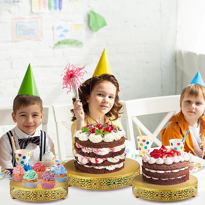 Wenqik 3 Pcs Cake Stand Set, 16" 14" 12" Gold Metal Round Cake Display Stands with Detachable Design for Dessert Cupcake Wedding, Birthday, Party, Event, Anniversary, Table Decoration